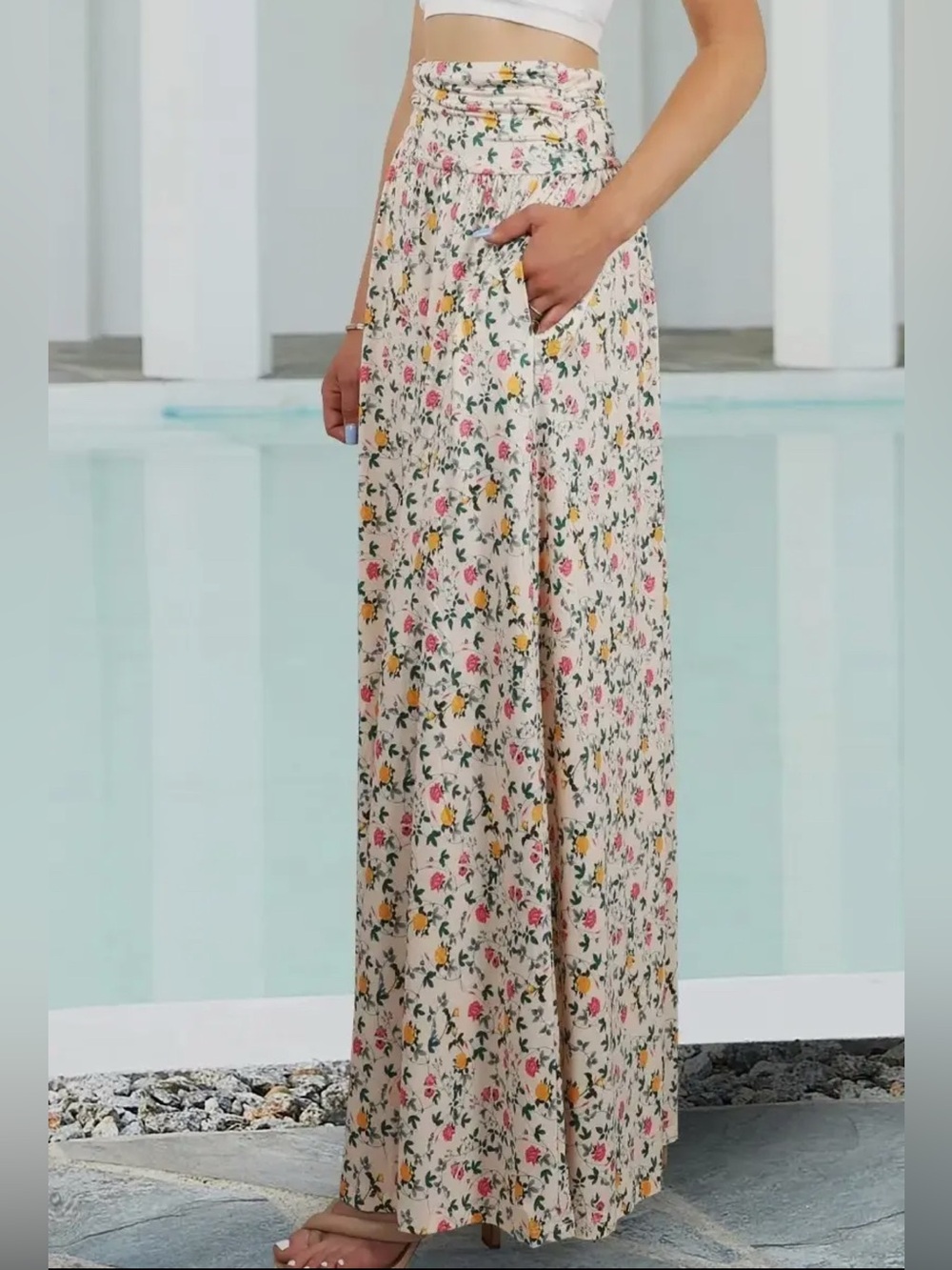 Floral Beige Maxi Skirt with Pockets